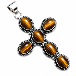 Colgante Unisex Vintage de Latón con Baño de Plata Antigua, con Gema de Ojo de Tigre Natural, Engastado en Bisel en Forma de Cruz, para Protección - Product Image 1