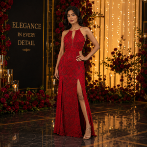 Luxury Red Embroidered Evening Gown for Women | High Slit Halter Neck Formal Maxi Dress | Elegant Prom Wedding Reception Party - Product Image 4