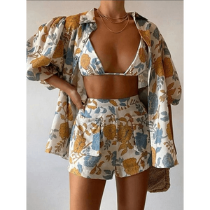 Conjunto de 3 piezas de lino floral vintage para mujer: camisa de manga abullonada con frente abierto, bikini a juego y pantalones cortos cargo - Product Image 2