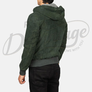 Veste bomber à capuche en daim vert olive pour homme, coupe slim, décontractée, zippée, en daim véritable, douce, tendance, vêtement d'extérieur - Product Image 2