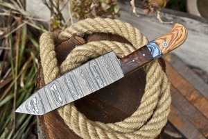 Cuchillo de Caza Artesanal de Acero de Damasco, Hoja Fija de Punta Caída con Espiga Completa, Mango de Madera, Cuchillo de Supervivencia para Exteriores - Product Image 4
