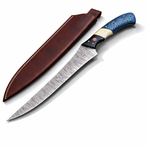 Cuchillo de filetear pescado de acero de Damasco hecho a mano, 8 pulgadas, extra afilado, mango de resina azul estilo panal de abeja, diseño moderno, ambidiestro - Product Image 1