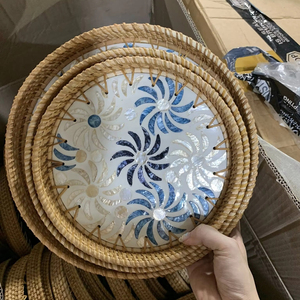 Inlaid Lacquer Rattan Tray Vintage Style Shell Rattan Tray Mosaic Shell Rattan Tray Shell Rattan <b>Square</b> Tray Handwoven Rattan - Product Image 1
