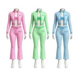 Custom Yoga Gym Fitness Tracksuit Sportswear Fitness Top Jacket and Leggings and bra <b>Sets</b> 3 Piece Active Wear <b>Set</b> for Women - Product Image 2