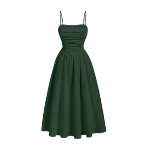 Vestido Midi con Tirantes Finos y Corte en A para Mujer, Color Sólido, Cintura Fruncida, Estilo Casual de Verano, Vestido de Poliéster Tejido - Product Image 1