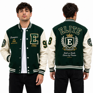 Chaqueta Universitaria Spartan, Chaqueta Letterman con Casco Bordado, Cuerpo de Lana, Mangas de Cuero, Proveedor OEM - Product Image 5