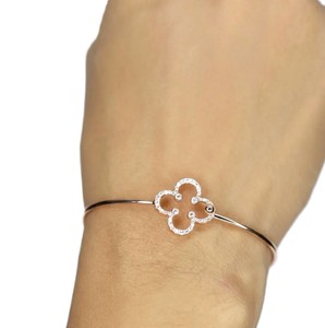Fine 10K 14K 18K Solid Gold Round Lab Grown Diamond <b>Clover</b> Bangle Thin Floral Charm Dainty Stacking Quatrefoil Adjustable Bangle - Product Image 6
