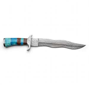 Handcrafted curved <b>profile</b> damascus steel outdoor utility <b>tool</b> Turquoise resin and Wood Stacked Handle - Product Image 6