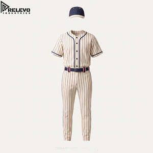 OEM Custom Cream and <b>Navy</b> Pinstripe Baseball Uniform Kit with <b>Cap</b> Designed for Sports Teams and Bulk Wholesale - Product Image 1