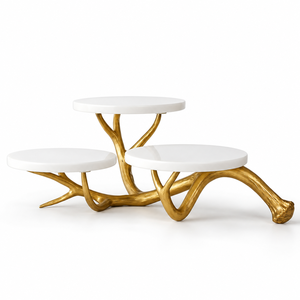 Multi-Layer Heat Resistant Oven Safe <b>Cake</b> Stand with <b>Gold</b> Resin Base and White Marble <b>Tops</b> Handmade Three Tier Design - Product Image 1