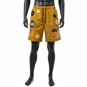 กางเกงขาสั้นผู้หญิงคุณภาพสูง 220 GSM ผ้าไนลอนผสม สีมัสตาร์ดทอง แต่งลายปะติดหลากหลาย พร้อมสกรีนโลโก้ตามสั่ง - Product Image 6
