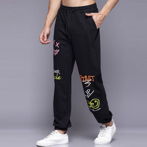 Pantalon de jogging décontracté pour homme en coton noir, taille élastique avec cordon de serrage, style urbain, motif lettres imprimées, collection automne - Product Image 2