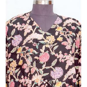 Vestido Kaftán Corto Ajustado con Cuello en V, Estampado Floral Indio, de Algodón Ecológico, para Mamás, Ropa de Playa, Ropa de Dormir, Informal - Product Image 3