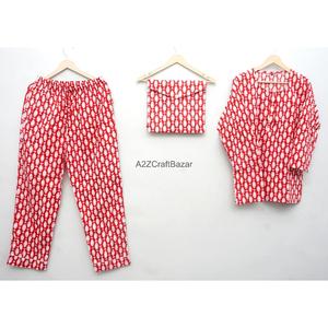 Ensemble de pyjama d'été en coton floral fait main pour femme, doux, confortable, col rond, élégant, respirant, manches longues - Product Image 1