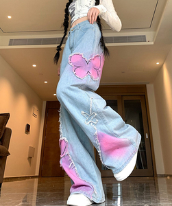 Pantalon en jean évasé décontracté pour femme avec motif autocollant de nouveau design, coupe régulière, style urbain, respirant, séchage rapide, vintage - Product Image 4