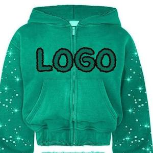 Ensemble de survêtement à capuche vert à paillettes pour filles, manches longues, fermeture éclair, coupe décontractée, sweat-shirt et pantalon en coton pour l'automne - Product Image 4