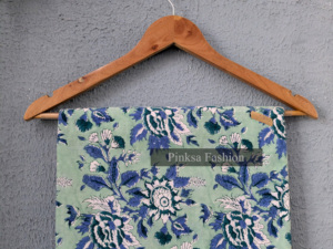 Block printed cotton Mint <b>Green</b> base with Indigo Blue and White floral accents. - Product Image 3