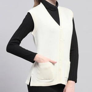 Gilet en tricot sans manches pour femme, col en V, avec poches, couleur unie, décontracté, pour l'automne, 100% acrylique, simple boutonnage - Product Image 4