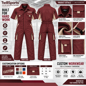 Combinaison de travail personnalisée TwillSports à manches courtes en coton marron unisexe respirante pour la construction et la réparation - Product Image 6