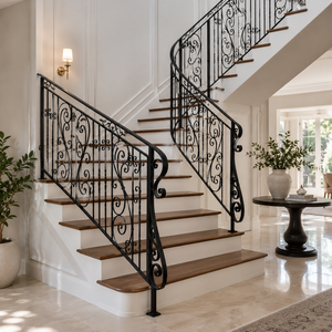 Rampe d'escalier en fer forgé noir de luxe, balustrade ornementale à volutes, garde-corps d'escalier intérieur, design intérieur de villa - Product Image 2