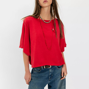 เสื้อยืดโอเวอร์ไซส์ผู้หญิง สีพื้น คอกลม ไหล่ตก ทรงครอป ผ้าเจอร์ซีย์ถัก ระบายอากาศได้ดี ผ้าฝ้าย 100% สำหรับฤดูใบไม้ผลิและฤดูร้อน - Product Image 3