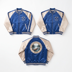 Chaqueta Bomber de Satén al por Mayor, Azul Rey y Beige, con Bordado Canoe, Chaqueta Universitaria con Cremallera Frontal, Ropa Exterior Directa de Fábrica - Product Image 1