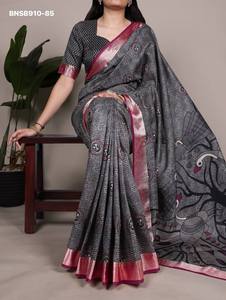 Ocassional wear Excellent Quality Tassar Silk With Viscose Border & Printed <b>Saree</b>-<b>Blouse</b> Collection Supplier from India - Product Image 3