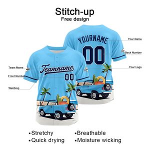 Custom Full Print <b>Baseball</b> Jersey Light Blue Summer Beach Truck Design Unisex Short Sleeve Button Closure Breathable Polyester - Product Image 4