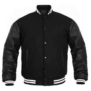 Veste universitaire unisexe noire avec manches en cuir PU, coupe-vent en tissu de laine, col montant, fermeture à boutons recouverts, vêtement décontracté pour l'hiver - Product Image 3