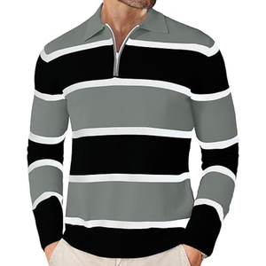 Pull tricoté rayé pour homme à col et demi-zip, manches longues, style décontracté pour le golf, teint uni, 95% coton, anti-rétrécissement - Product Image 1