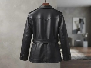 Veste en cuir noir unisexe, col à revers, boutons sur le devant, ceinture à la taille, quatre poches à rabat - Product Image 1