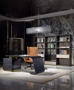 Ensemble de bureau de direction de luxe moderne, design italien, table de patron haut de gamme en cuir incurvé avec bibliothèque - Product Image 4