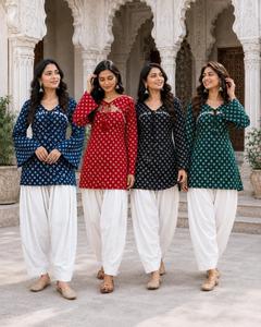 Kurti indio de algodón puro con estampado Bandhej y pantalones Farsi blancos, conjunto de kurti indio informal tradicional para mujer con borde de encaje Kodi - Product Image 6