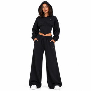Ensemble de survêtement décontracté pour femme, style corset, sweat à capuche et pantalon palazzo, streetwear, deux pièces, hiver, haute densité GSM - Product Image 1