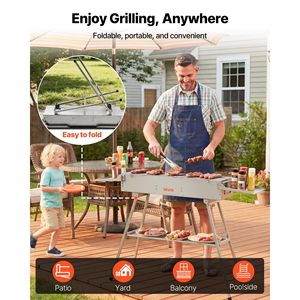 250 pouces carrées Barbecue au charbon de bois portable et pliable avec plateau relevable et tables latérales, finition brossée pour le camping - Product Image 6