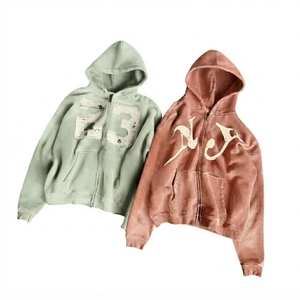 Custom Vintage Washed Full <b>Zip</b> Hoodie Oversized Heavyweight 100% Cotton Fleece Eco-Friendly Men Pullover Distressed <b>Zip</b> - Product Image 1