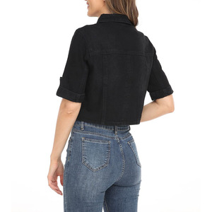 Cropped Denim Jacket For Women's Customized Logo Solid Color Quick Dry Denim Jacket New Arrival Long Sleeve With Button Cuff - Product Image 2