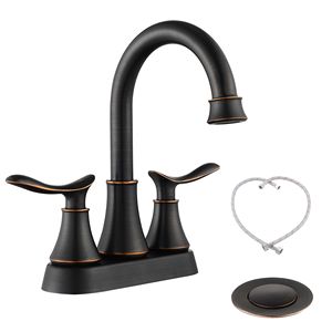 Rubinetto per lavabo a doppia maniglia da 4 pollici in bronzo oliato con scarico a scomparsa e tubi di alimentazione - Product Image 1