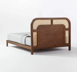 Lit plateforme minimaliste moderne en teck massif avec tête de lit en rotin naturel, taille King Size, garantie 3 ans pour mobilier de chambre - Product Image 5