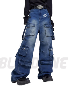 Pantalon cargo en toile noire délavée, coupe large, 100% coton, taille mi-haute, séchage rapide, coupe décontractée - Product Image 2