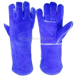 Gants de soudage TIG en cuir véritable, gants de soudage MIG en cuir bleu, longueur opéra, gants de sécurité thermiques - Product Image 1