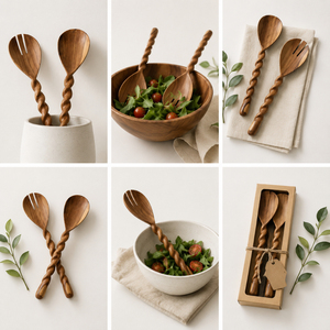 Handcrafted Wood Salad Server Set Premium Twisted Spiral Handle Wooden Salad <b>Tongs</b> Eco-Friendly Sustainable Hand-Carved <b>Serving</b> - Product Image 6