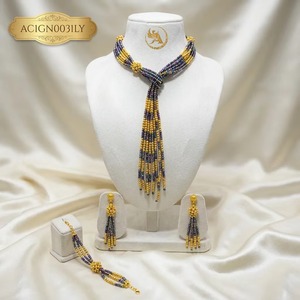 Conjunto de Collar y Pendientes de Moda con Borlas y Cuentas Doradas para Mujer, Joyería a Rayas Morada y Amarilla para Bodas y Fiestas - Product Image 1