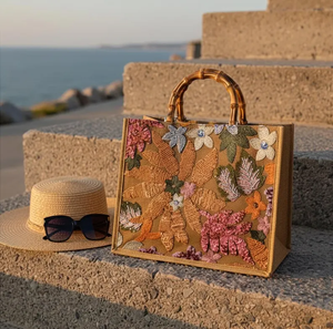 Floral <b>Sequin</b> Embroidered Linen Tote Bag | Natural Bamboo Handle Tote Bags by whimsy <b>Art</b> Craft - Product Image 3
