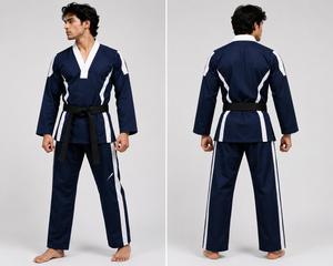 Vêtement de judo unisexe bleu marine à rayures blanches, coupe classique, adulte, 100% coton, séchage rapide, durable, respirant, vente chaude, OEM - Product Image 2