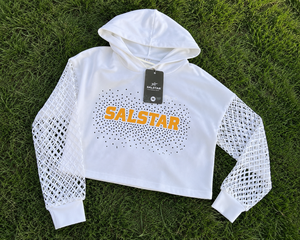 SALSTAR Sweat-shirt court à capuche pour femme, blanc, à manches lanternes en maille, décontracté, d'été, respirant, tricoté - Product Image 6