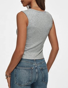 <b>Women's</b> Gray Knitted <b>Tank</b> <b>Top</b> O Neck Solid Casual Autumn Regular Length Breathable Eco-Friendly Front Logo - Product Image 3