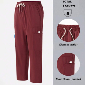 Unisex Burgundy Scrub Pants Hospital Uniform Trousers Cotton Polyester Woven Workwear Bottoms with Drawstring Waist - Product Image 5