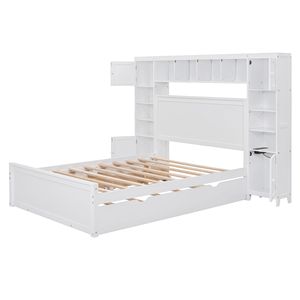 White <b>Twin</b> Size Trundle Bed with All-in-One Cabinet & Shelf Full Size Wooden Kids' Bed with <b>Sockets</b> - Product Image 4