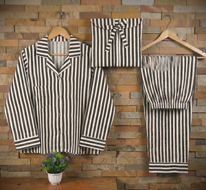 ชุดนอนผ้าฝ้ายทอลายทางสีดำพิมพ์ลายด้วยมือสำหรับผู้หญิง 100% ผ้าฝ้าย ชุดนอนฤดูร้อน - Product Image 5